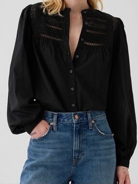 GAP Full Sleeve Black Lace-Trim Button-Front Blouse NWOT Size Large